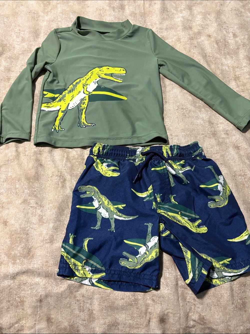 Carter's Olive Green Rash Guard & Navy Dino Swim Trunks